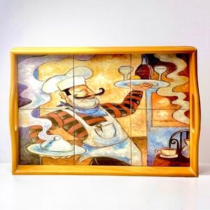 Colorful Vintage Tuscan Style Wood & Ceramic Tiled Serving Tray with Handles